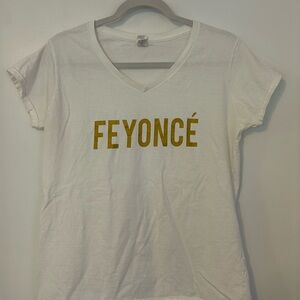 Gildan White V-Neck Tee with Gold FEYONCÉ Logo